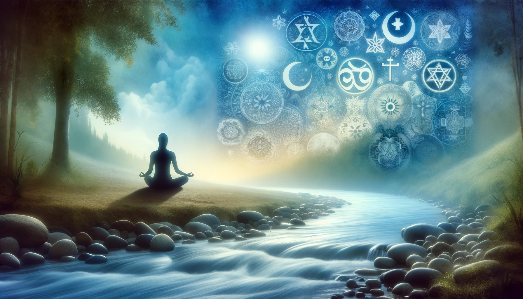 Persona meditando junto a un río, en calma